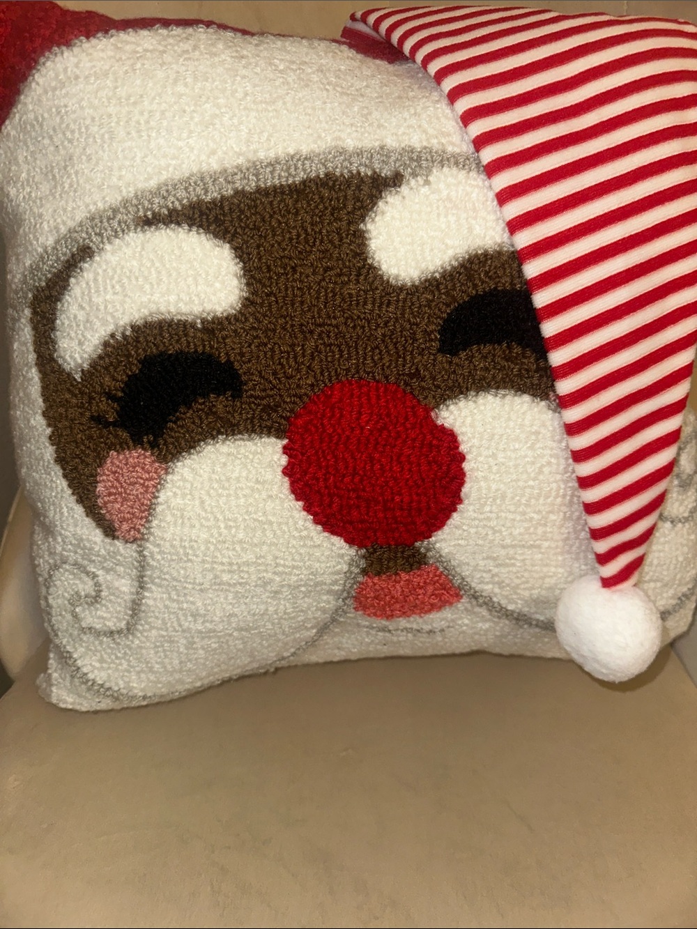 African American Santa 🎅🏾 Holiday Pillow with Red Striped Hat